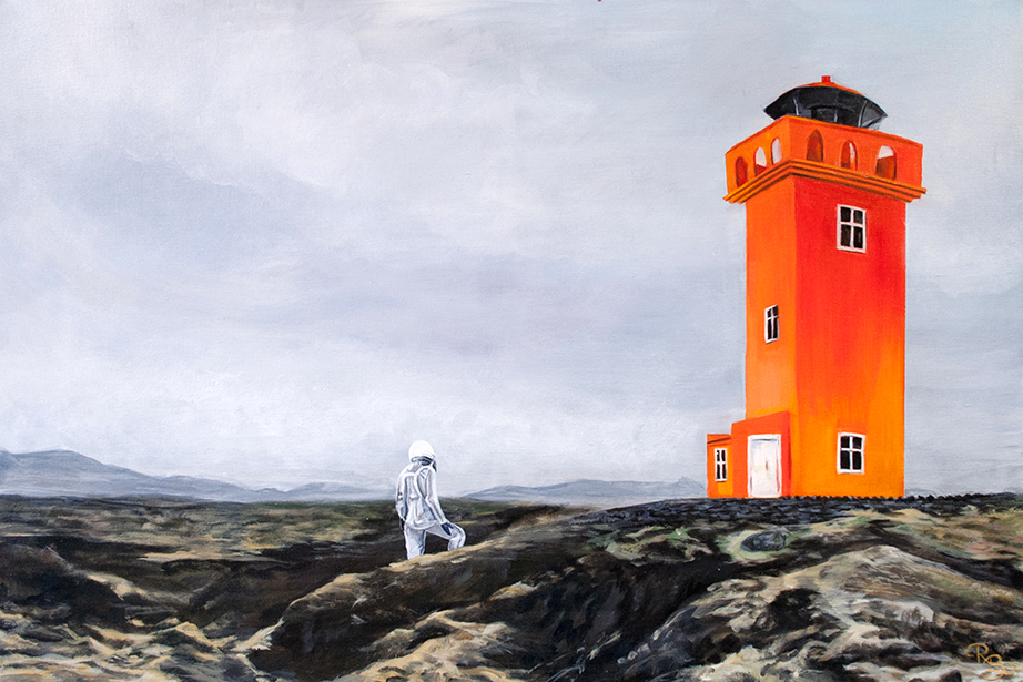 astronaut walking towards a bright orange lighthouse across rocky terrain