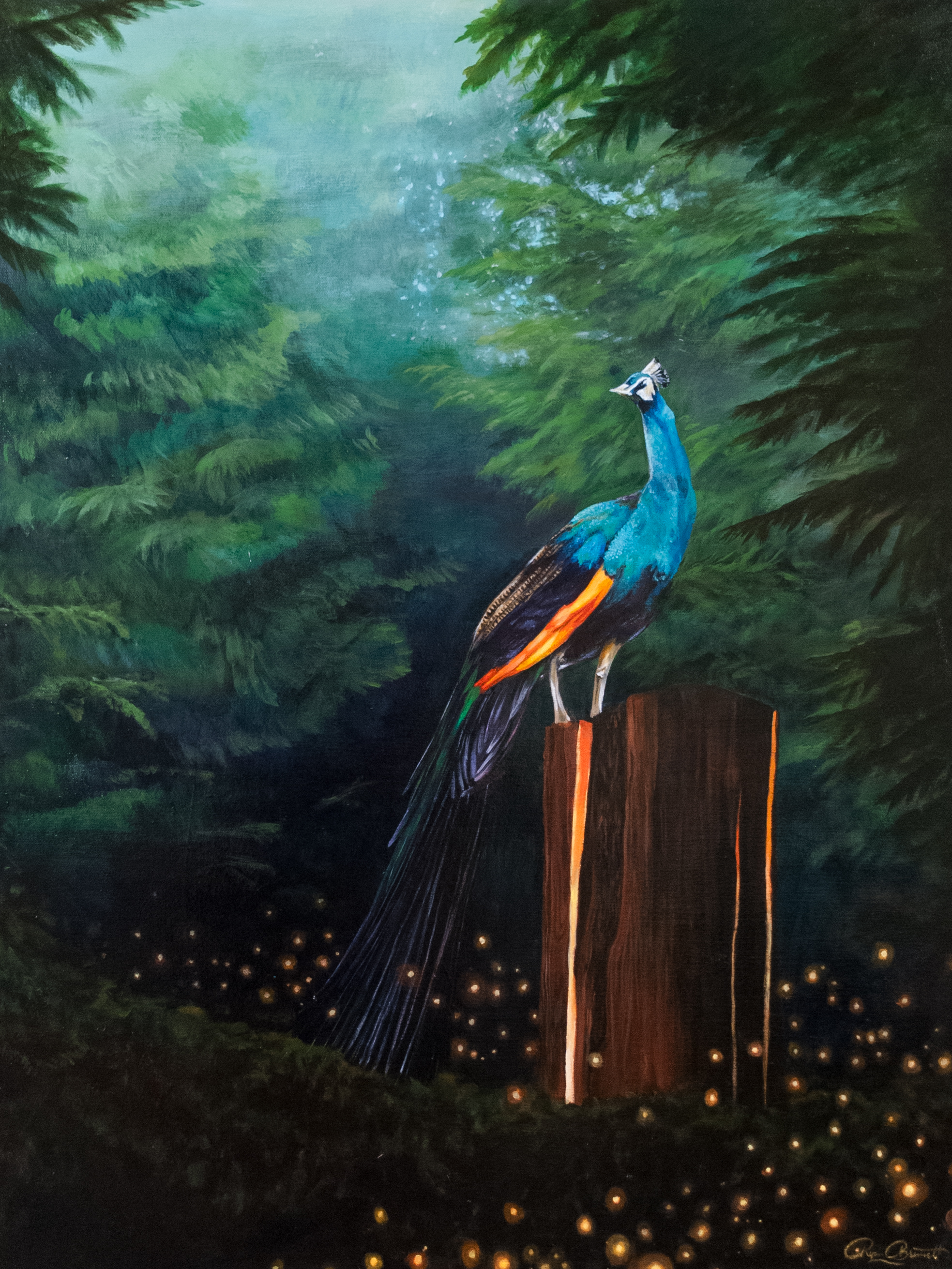 peacock standing on top of a stump inlaid with glowing lights surrounded by trees and forest scenery with a stream of fireflies drifting throughout