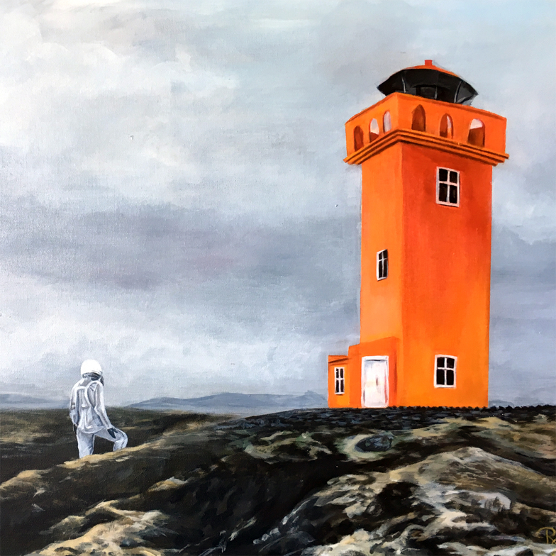 astronaut walking towards a bright orange lighthouse across rocky terrain