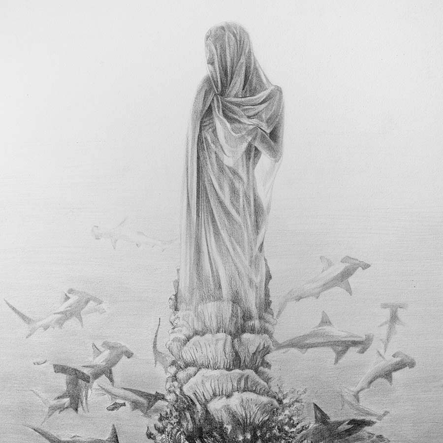 graphite drawing of a female form draped from head to base in fabric marble statue on top of a mountain of coral reef with hammerhead sharks circling